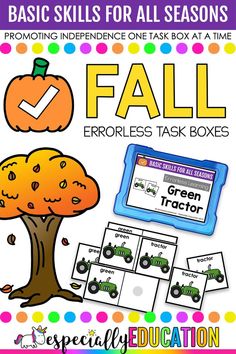 This image contains: A fall errorless task box with a fall colors tree and a green tractor activity Fall Reading Comprehension, Halloween Writing Activities, Differentiation In The Classroom, Sped Classroom, Self Contained Classroom, Special Education Elementary, Task Boxes, Sped Teacher, Basic Skills