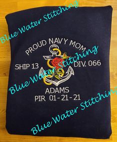 Custom embroidered hooded sweatshirt for Navy Mom, Navy Grandma, Navy Aunt etc. Navy Embroidered Logo Hooded Sweatshirt, Navy Hooded Sweatshirt With Embroidered Logo, Navy Hoodie Sweatshirt With Embroidered Logo, Navy Mom, Blue Water, Hooded Sweatshirt, Sweat Shirt, Hooded Sweatshirts, Gender Neutral