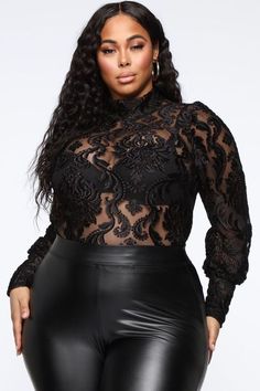 How To Wear A Bodysuit, High Cut Bodysuit, Black Mock Neck, Blouson Sleeve, Mock Neck Long Sleeve, Mesh Bodysuit, Bodysuit Fashion, Curvy Plus Size, Lace Bodysuit