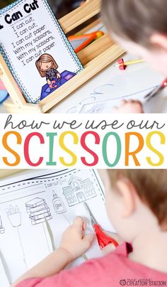 a young boy is working on some sort of activities with the words how we use our scissors