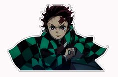 an anime character with red hair and green checkered coat