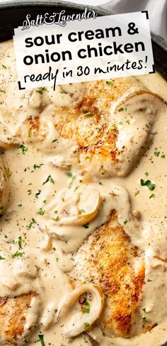 closeup of chicken in a creamy sauce with text overlay that reads sour cream and onion chicken Sour Cream And Onion Chicken, Smothered Chicken Recipes, Chicken Delight, Zesty Sauce, Chicken Breast Recipes Baked, Sour Cream Chicken, Sour Cream Recipes, Onion Chicken, Chicken Main Dishes