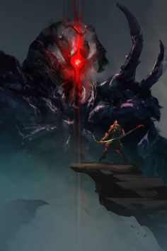 an animated image of a giant monster with red eyes and horns on it's head