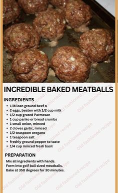 a recipe for baked meatballs on a baking sheet with information about the ingredients and how to make them