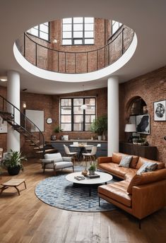 a living room filled with furniture and a spiral staircase