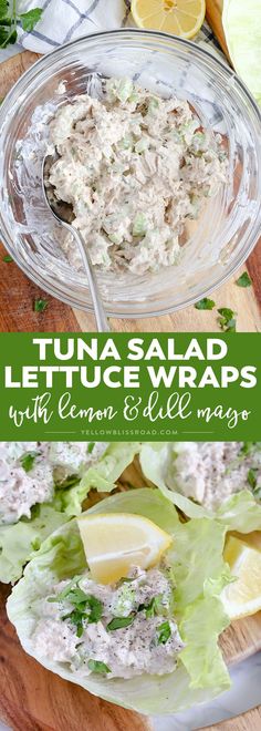 tuna salad lettuce wraps with lemon and dill mayo on a cutting board