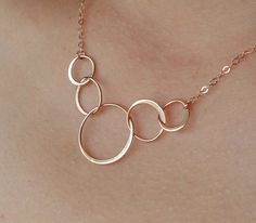 "MATCHING ROSE GOLD BRACELET: https://www.etsy.com/listing/561694605 SILVER AND GOLD VERSIONS: https://www.etsy.com/listing/158617780/ Forever linked together - These linked circles are symbols of eternity and love, and form the center of this beautiful necklace. Elegant. Simple. The circles are 18K rose gold plate over sterling silver, with shiny rose gold filled chain, clasp, and jump rings. Overall length of the necklace in the photo is 16\". Choose the length for the necklace. These necklace Rose Gold Bridesmaid Jewelry, Gold Bridesmaid Jewelry, Nana Necklace, Chain Ideas, 40th Birthday Gifts For Women, 50th Birthday Gifts For Woman, Interlocking Circle Necklace, Rose Gold Circle, 40th Anniversary Gifts