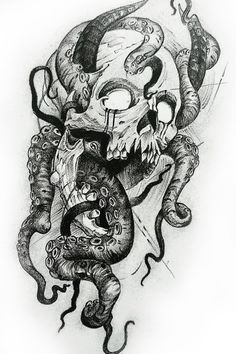 a black and white drawing of an octopus attacking a demon