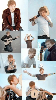 a collage of photos with the same person holding a guitar