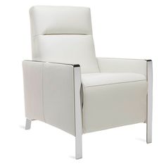 a white leather chair with chrome legs and armrests on an isolated white background