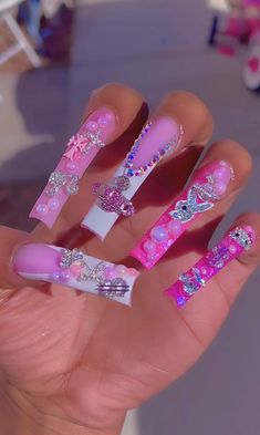 Pink Junk Nails, Long Nail Designs, Cute Acrylic Nail Designs, Glamorous Nails, Bling Acrylic Nails, Rainbow Nails