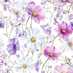 a bunch of flowers that are on a white surface with purple and blue colors in the background