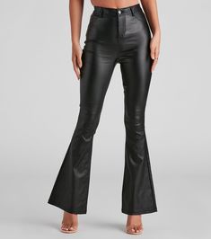 Showcase your curves on these stylish faux leather pants perfect for elevating your everyday look! They feature a high-rise waist, form-fitting silhouette, and a flared hem. Complete the look in a chic bodysuit and heels. Fit & Features High-rise waist Form-fitting, flared hem Front button and hidden zipper closure Belt loop accents Two faux front pockets, back pockets Coated faux leather fabric, minimal stretch Runs true to size | Windsor Stylish Flare High-Rise Coated Pants in Black | Size: XS Flared Leather Pants, Hippie Flare Pants, Leather Flare Pants, Sequin Flare Pants, Striped Flare Pants, Flare Dress Pants, High Waisted Flare Pants, Printed Flare Pants, Tie Dye Pants