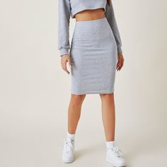 Grey Elegant   Cotton Plain Pencil  Slight Stretch Spring/Summer/Fall Women Bottoms Shein Basics, Glitters Skirt, Pu Leather Skirt, Pencil Skirt Outfits, Grey Pencil Skirt, Women Skirts, Stretch Skirt, Womens Pencil Skirts, Casual Chic Outfit