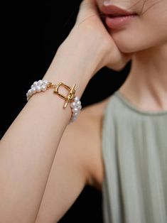 Freshwater pearl double strand bracelet with silver coated 18k gold vermeil clasp Silver Pearl Bracelet, Gold Pearl Bracelet, Bracelet Pearl, Freshwater Pearl Bracelet, Bar Bracelets, Layered Bracelets, Contemporary Aesthetic, Strand Bracelet, Pearl Size