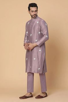 Buy Kudrat Couture Purple Chanderi Embroidered Kurta Set Online | Aza Fashions Resham Embroidered Dola Silk Kurta For Reception, Dola Silk Kurta With Resham Embroidery For Reception, Silk Sherwani With Resham Embroidery, Embroidered Raw Silk Kurta For Eid, Eid Raw Silk Kurta With Embroidery, Eid Embroidered Raw Silk Kurta, Transitional Raw Silk Sets With Floral Embroidery, Festive Dola Silk Sets With Floral Embroidery, Transitional Floral Embroidery Sets In Raw Silk