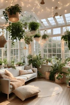 a living room filled with lots of plants and hanging potted plants on the ceiling