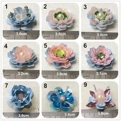 the instructions for how to make flower brooches with plastic flowers and pearls on them