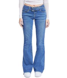 From YMI Jeanswear&#x2C; these jeans feature:Low riseDenim belt buckleFront 2-button/zip fly closureFlare legsApprox. 33" inseamFrayed hems5-pocket stylingCotton/polyester/viscose/spandexMachine wash/tumble dryImported. Fall Trendy Flare Jeans With Belt Loops, Casual Mid-rise Belted Jeans, Casual Spring Jeans With Belt, Casual Belted Jeans For Spring, Trendy Mid-rise Belted Jeans, Casual Denim Jeans With Belt, Casual Fitted Belted Jeans, Fitted Casual Belted Jeans, Trendy High Rise Belted Jeans