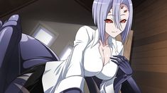 an anime character with white hair and red eyes is posing for the camera, while holding her hand on her chest