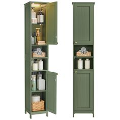 two tall green storage cabinets next to each other with baskets on the bottom and one door open