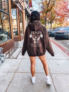 Hello Everyone! I am starting up a new shop and rebranding to gym fitness apparel specializing in pump covers and oversized gym shirts! Please give me a try and take advantage of this 50 percent off sale to get my foot in the door! Thank you for your time and opportunity! Jesus The Ultimate Deadlifter Hoodie Brown  8 oz., 50% cotton, 50% polyester Heather Sport colors are 60% polyester, 40% cotton Safety Orange is compliant with ANSI - ISEA 107 High Visibility Standards 1x1 ribbed cuffs and wais Vsco Hoodie, Positive Hoodie, Hoodie Aesthetic, Aesthetic Hoodie, Y2k Hoodie, Cute Hoodie, Shirt Y2k, How To Pose, Oversize Hoodie