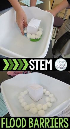 there are two pictures showing how to make a flood barrier with ice cubes and water