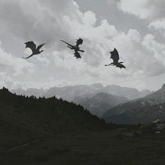 three flying dragon silhouettes against a cloudy sky over a mountain range with mountains in the background