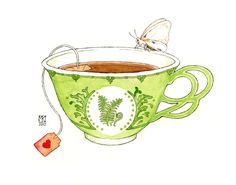 a drawing of a cup of tea with a butterfly sitting on top of the cup