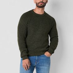 This Frye and Co. men's pullover sweater is an easy layering piece for casual and semi-casual occasions. It's made from soft knit fabric and has a close-fit, a crew neck, and long sleeves. Wear it with jeans or chinos. Closure Type: Pullover HeadFit: Regular FitNeckline: Crew NeckSleeve Length: Long SleeveFiber Content: 100% PolyesterFabric Description: KnitCare: Machine Wash, Tumble DryCountry of Origin: Imported Mens Pullover Sweater, Semi Casual, Men's Pullover, Large Sweaters, Small Sweater, Long Sleeve Pullover Sweater, Pullover Men, Mens Crew Neck, Green Sweater