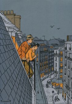 an image of two people on the roof of a building looking down at the city