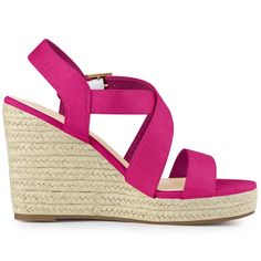 These platform wedges feature a sleek ankle strap and an espadrille heel to add comfort and style to your everyday look. Easy to pair with your favorite denim jeans, shorts, skirts, and your everyday casual wear. The wedge sandals are designed with a crisscross strap, platform, and wedge heel. The vamp is made of faux suede and the outsole is a combination of espadrille and rubber. Suitable for various occasions including office, party, casual events, Halloween days, Christmas days, dating, and Summer Wedge Sandals With Wrapped Heel And Cross Strap, Summer Cross Strap Wedge Sandals With Wrapped Heel, Spring Beach Heels With Cross Strap, Spring Wedge Sandals With Cushioned Footbed And Cross Strap, Spring Cross Strap Wedge Sandals With Cushioned Footbed, Pink Slip-on Wedge Sandals For Beach, Spring Medium Width Wedge Sandals With 4-inch Heel, Pink Wedge Heels With 4-inch Heel, Synthetic T-strap Wedge Heel Sandals For Summer