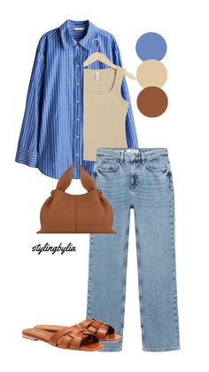 Blue and brown outfit colour combination Marine Blue Outfit Color Combos, Blue And Tan Outfits For Women, Blue Outfit Aesthetic Casual, Light Blue And Navy Outfit, Blue And Brown Outfits For Women, Blue Stripes Shirt Outfit, Tshirt Aesthetic Outfit, Striped Blue Shirt Outfit, Color Combinations For Clothes Women