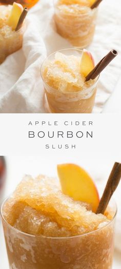 an apple cider bourbon slush is garnished with cinnamon and apples