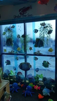 an aquarium filled with lots of different types of fish and plants in front of a window