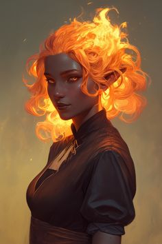 a painting of a woman with orange hair and bright yellow light coming from her eyes