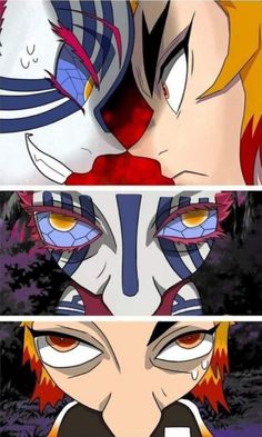 two anime faces with different colored eyes