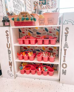 the shelves are filled with school supplies and stationery for children's art projects