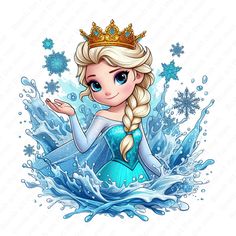 the frozen princess in her blue dress is surrounded by snowflakes and water waves