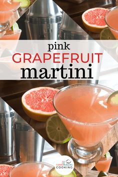 the pink grapefruit martini is garnished with lime and served in coupe glasses