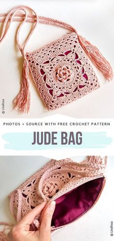 a crocheted purse with tassels is shown in two different pictures and the text reads, jude bag