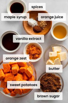 the ingredients to make sweet potato soup are shown in separate bowls and labeled on each side