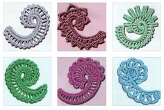 six different colored crochet doily designs in various shapes and sizes, each with an intricate design