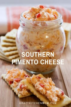 southern pimentoo cheese in a glass jar with crackers on the side and text overlay that reads, southern pimentoo cheese