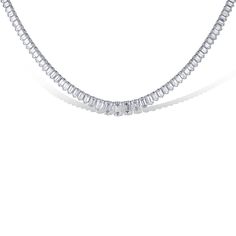 This 18K White Gold and Emerald-Cut Diamond Riviera Necklace has a total carat weight of 24.87ctw. These breathtaking diamonds are graduating in size, from largest in front, to the smallest in the back. A show-stopper necklace like this can be worn with your favorite sleek jeans, to the perfect little black dress, and everything that is chic and dressed to kill…that is already hanging in your closet ! Baguette Cut Diamond Tennis Necklace, Elegant Diamond Tennis Necklace With Baguette Diamonds, Diamond White Cubic Zirconia Tennis Necklace With Baguette Diamonds, Formal Diamond White Tennis Necklace With Baguette Diamonds, Diamond White Baguette Cubic Zirconia Tennis Necklace, Formal Diamond White Baguette Diamonds Tennis Necklace, White Cubic Zirconia Diamond Necklace With Baguette Diamonds, White Baguette Cut Diamond Necklace, Diamond Baguette Cut Tennis Necklace