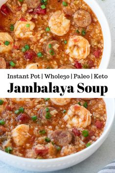 a bowl of jambalya soup with shrimp and scallops