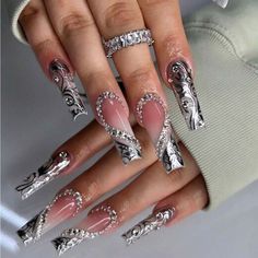 Super Cute And Stylish Ships In 5-10 Business Days Nude Press On Nails, Long Square Nails, Heart Rhinestone, 3d Heart, Nail Swag, Rhinestone Chain, Bling Acrylic Nails