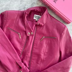 This Beautiful Pink Leather Jacket Is In Perfect Condition. I Believe It Is From The 90s Sourced In Paris. Real Leather. Silver Accents And Paneling On Back Make This Gorgeous Hip Jacket Extra Flawless. Cropped Motorcycle Jacket. Best For Size Small. Message For Any Questions. Unique Gem Pink Leather Jacket, European Vintage, Leather Motorcycle Jacket, Leather Silver, Silver Accents, The 90s, Vintage Jacket, Pink Leather, Vintage Pink