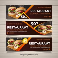 three banners with different types of food on them for restaurant or barbeque nights