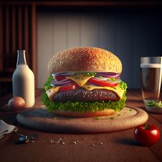 a hamburger sitting on top of a wooden cutting board next to a glass of milk